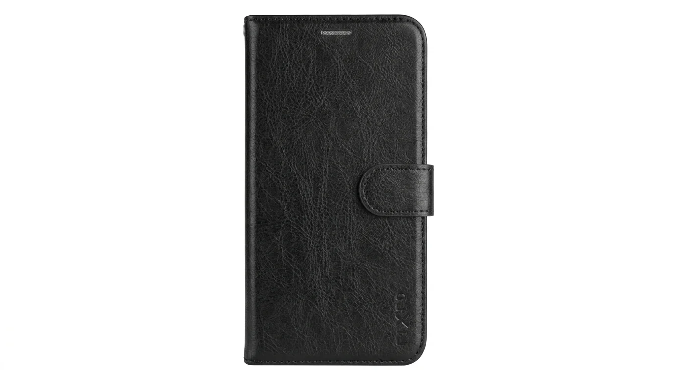 Černé flipové pouzdro FIXED Opus pro Xiaomi 14T z texturované kůže s magnetickým zapínacím páskem.
