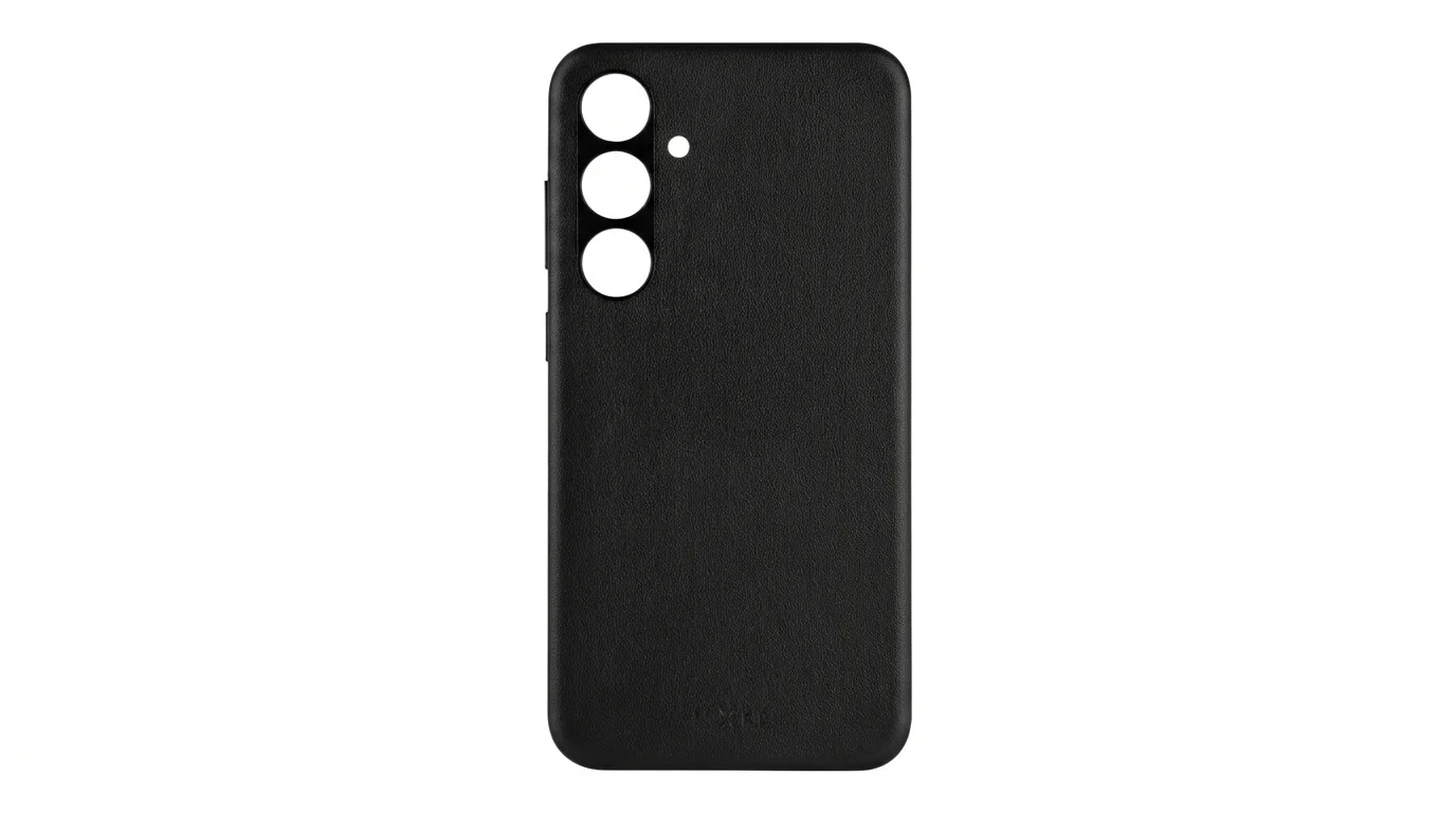 Zadní strana černého koženého pouzdra FIXED MagLeather pro Samsung Galaxy S24+ s výřezy pro fotoaparát.