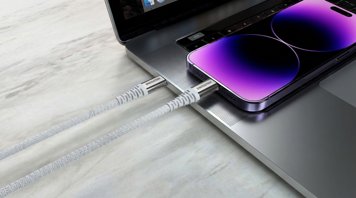 Opletený datový kabel Swissten s hliníkovými koncovkami zapojený do notebooku a telefonu iPhone.