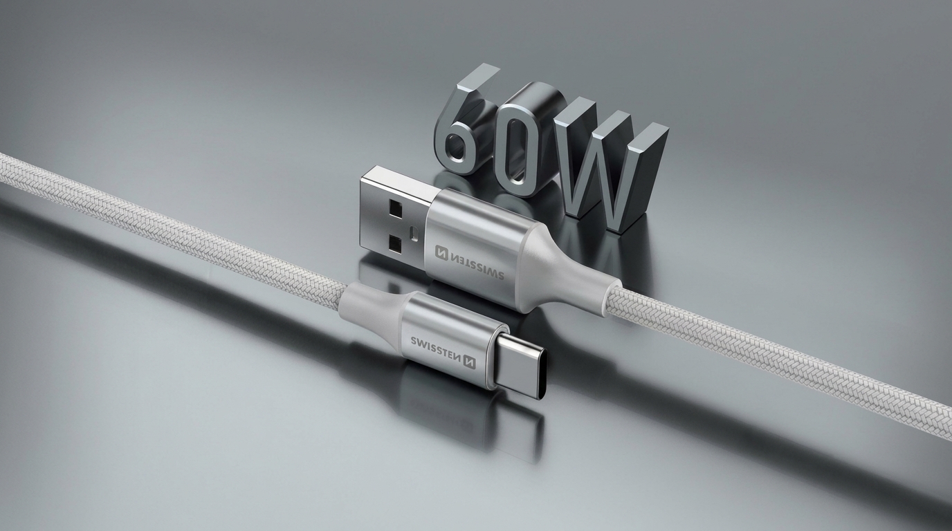 Bílý opletený kabel Swissten s hliníkovými konektory USB-A a USB-C před lesklým nápisem 60W.