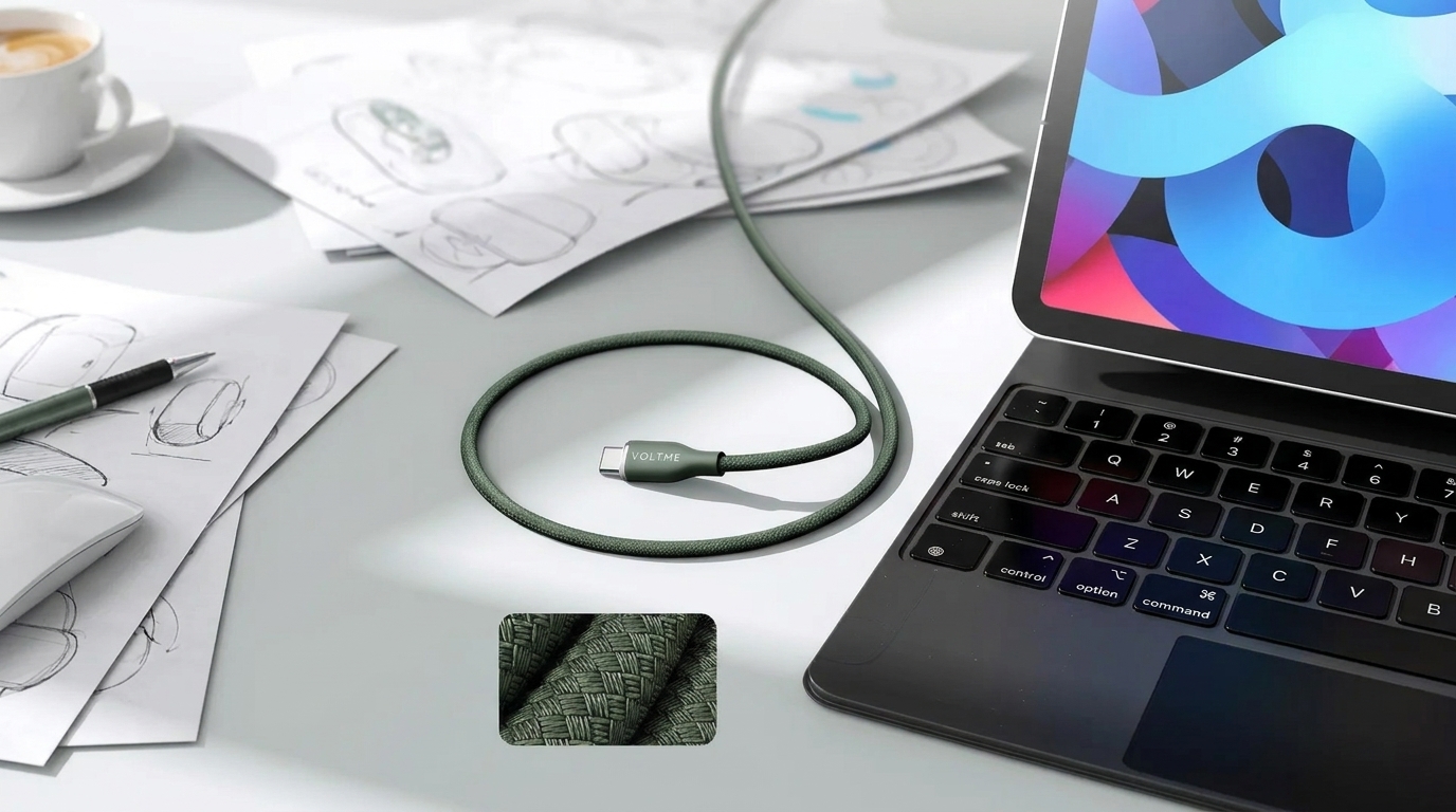 Zelený USB-C kabel Voltme s textilním opletením na pracovním stole u tabletu s klávesnicí a detailem struktury kabelu.