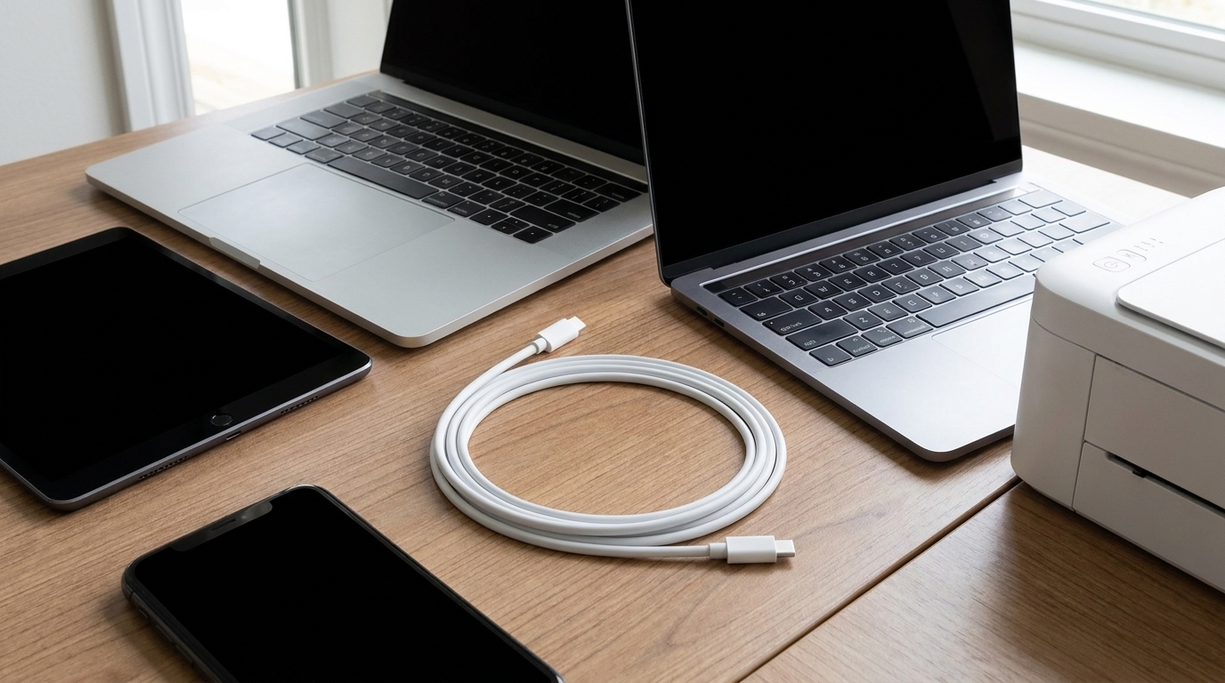 Biely USB-C kábel Yenkee YCU SE C125 WH zvinutý na drevenom stole vedľa notebookov, tabletu a smartfónu.