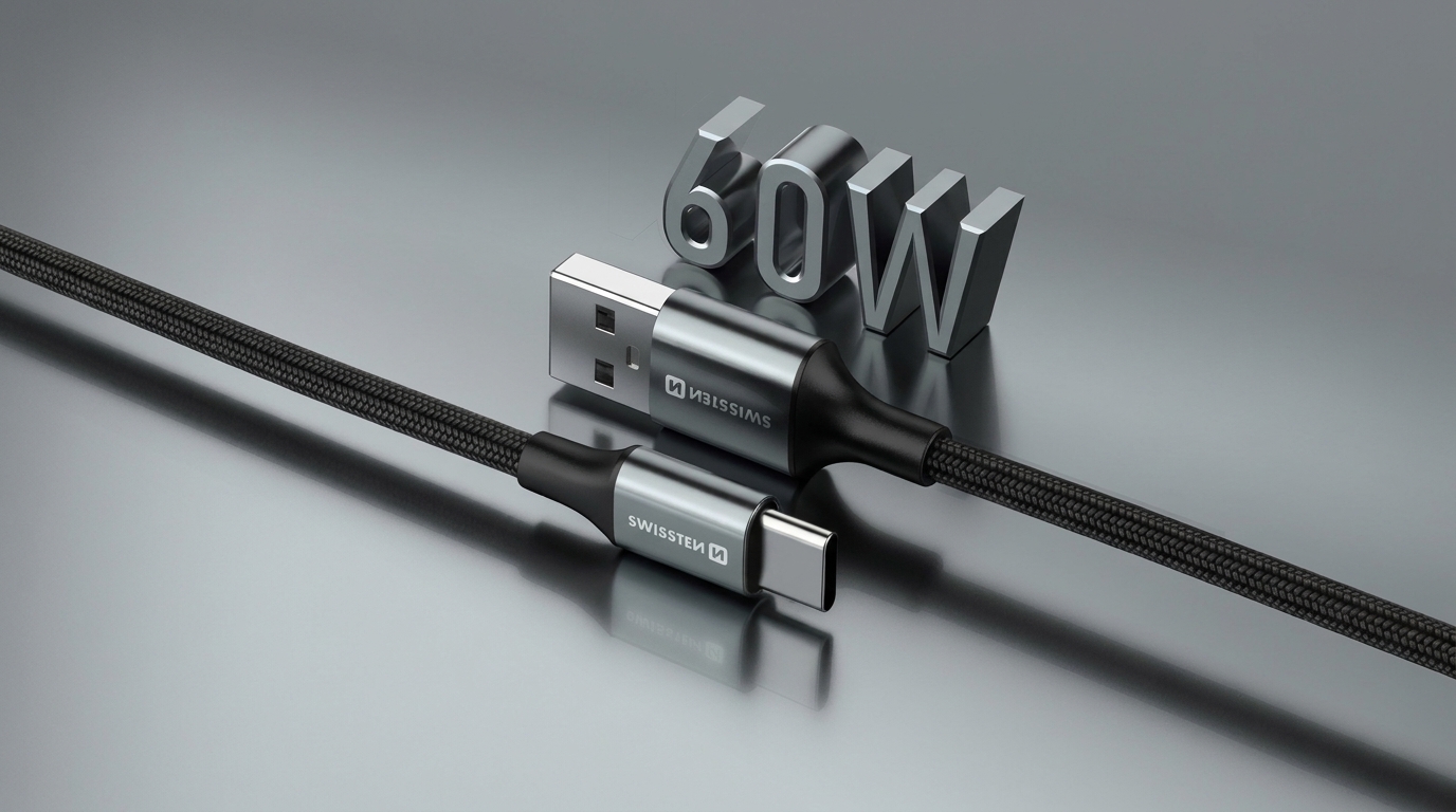Černý textilní kabel Swissten s konektory USB-A a USB-C před kovovým nápisem 60W.