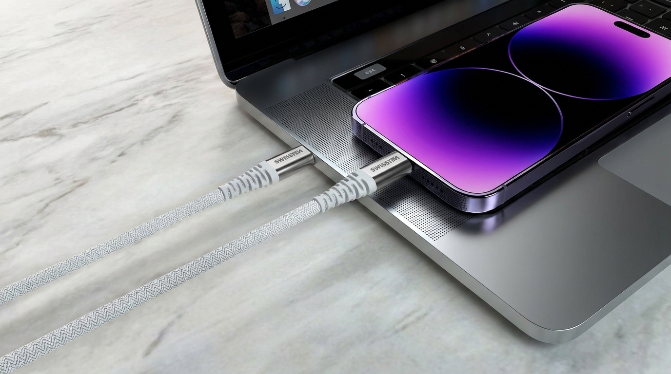 Bílý textilně opletený kabel Swissten USB-C zapojený do notebooku a smartphonu.