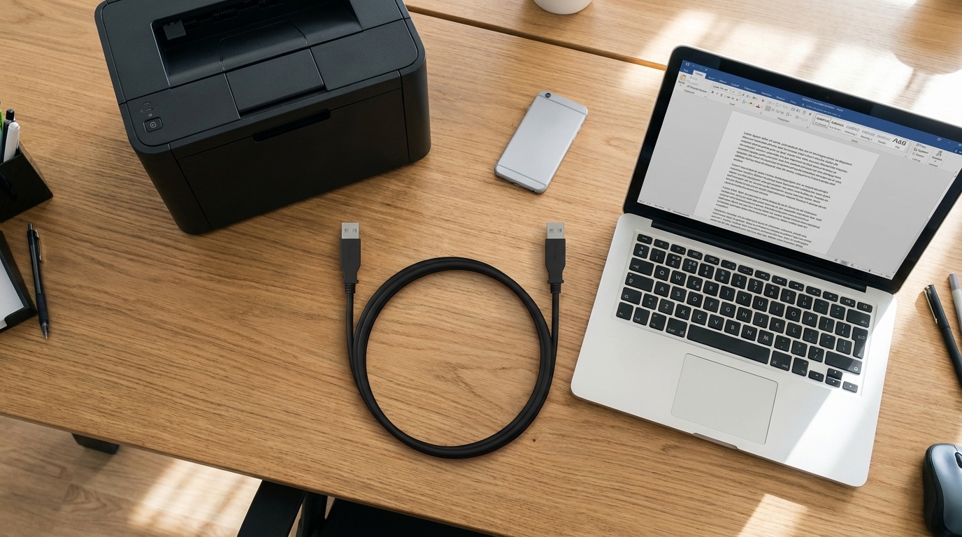 Černý kabel Yenkee s konektory USB-A stočený na dřevěném stole mezi tiskárnou a otevřeným notebookem.