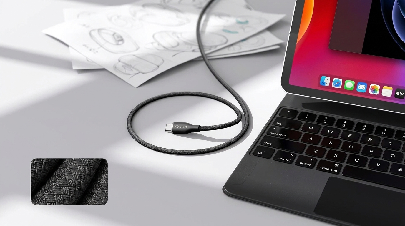 Černý textilní USB-C kabel Voltme Powerlink Rugg položený vedle tabletu s klávesnicí a detail jeho odolného opletení.