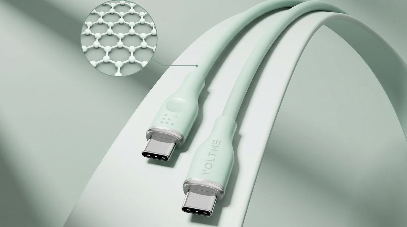 Světle zelený USB-C kabel Voltme Powerlink Moss se dvěma konektory a ilustrací molekulární struktury materiálu.