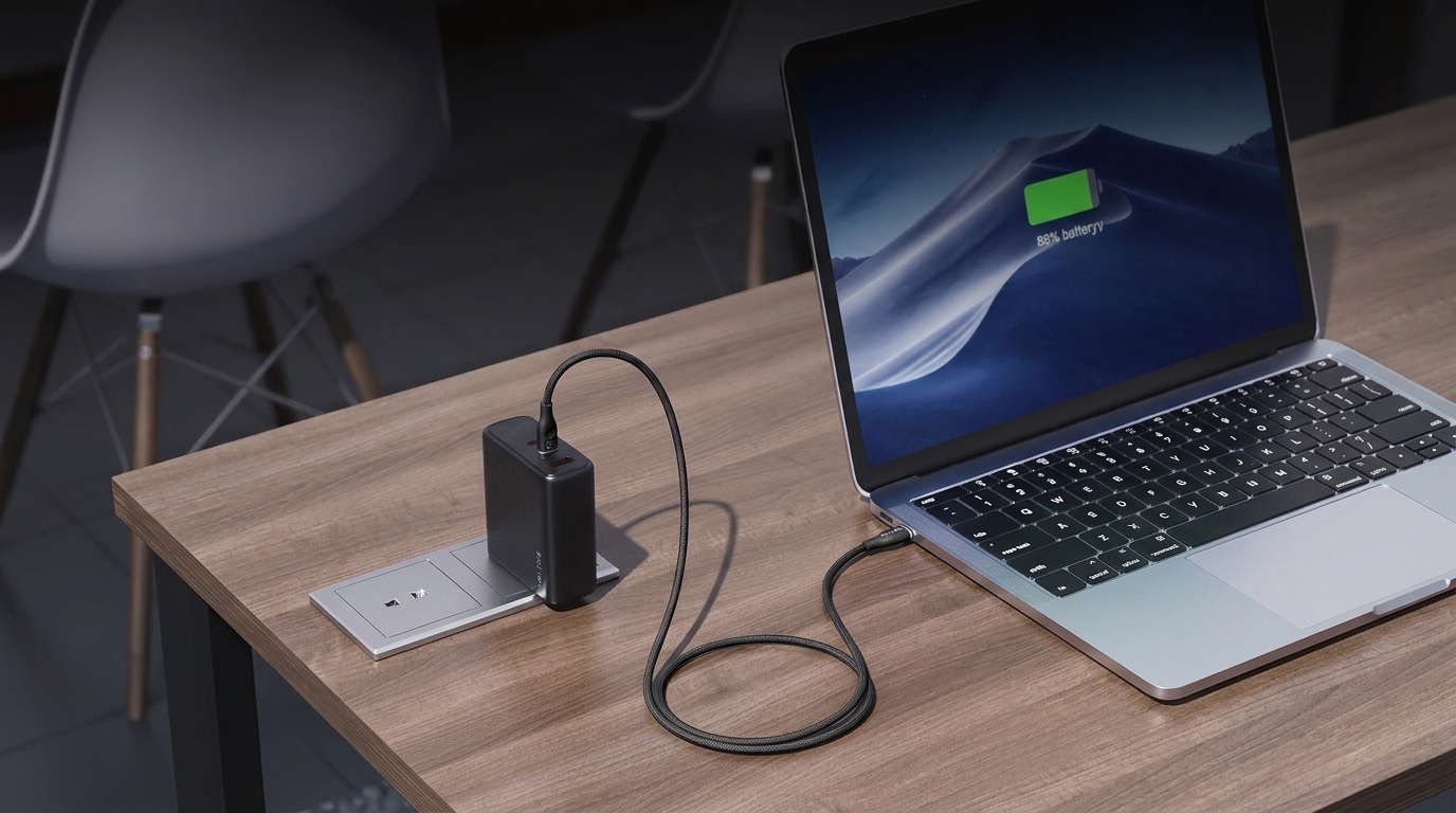 Černý opletený USB-C kabel Voltme Powerlink Rugg nabíjí notebook připojený k napájecímu adaptéru na stole.