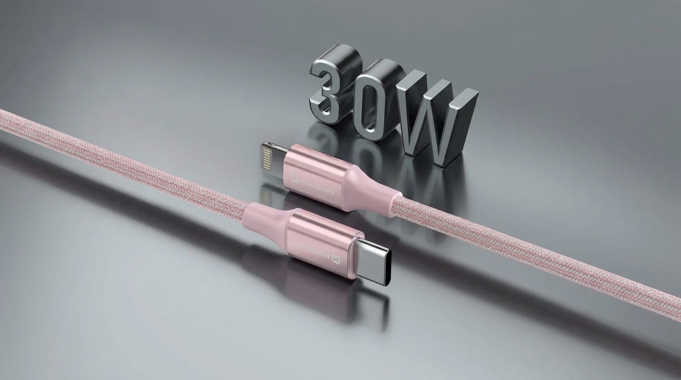 Růžový opletený kabel Swissten s konektory USB-C a Lightning před nápisem 30W.