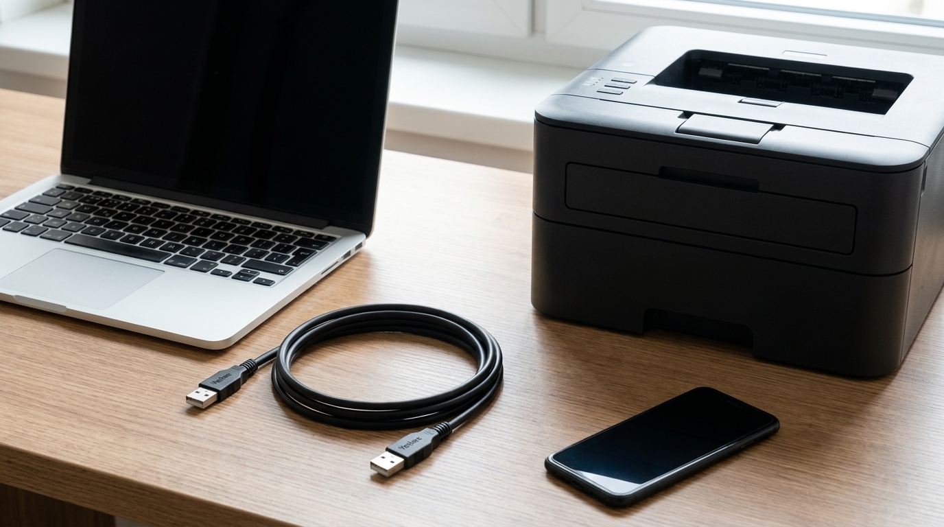 Černý propojovací USB-A kabel položený na dřevěném stole mezi notebookem, tiskárnou a mobilním telefonem.