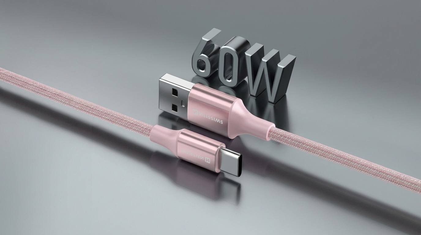 Růžový opletený kabel Swissten s konektory USB-A a USB-C na lesklém podkladu před nápisem 60W.