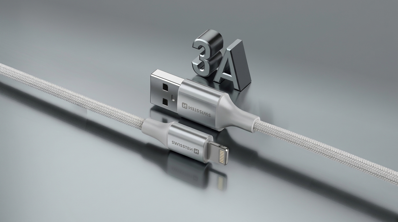 Bílý textilně opletený kabel Swissten s konektory USB-A a Lightning a kovovým symbolem 3A.