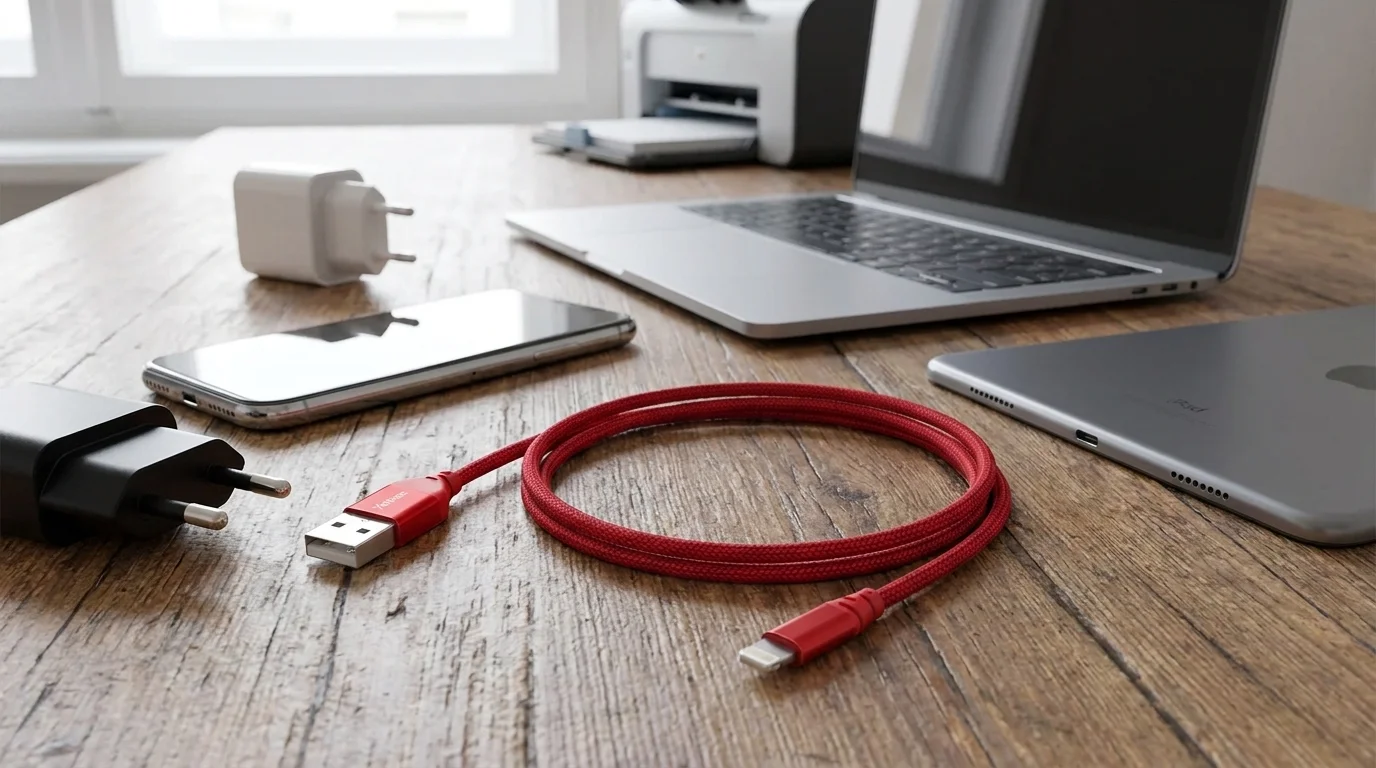 Červený opletený kábel Yenkee s konektormi USB-A a Lightning zvinutý na stole vedľa telefónu a notebooku.