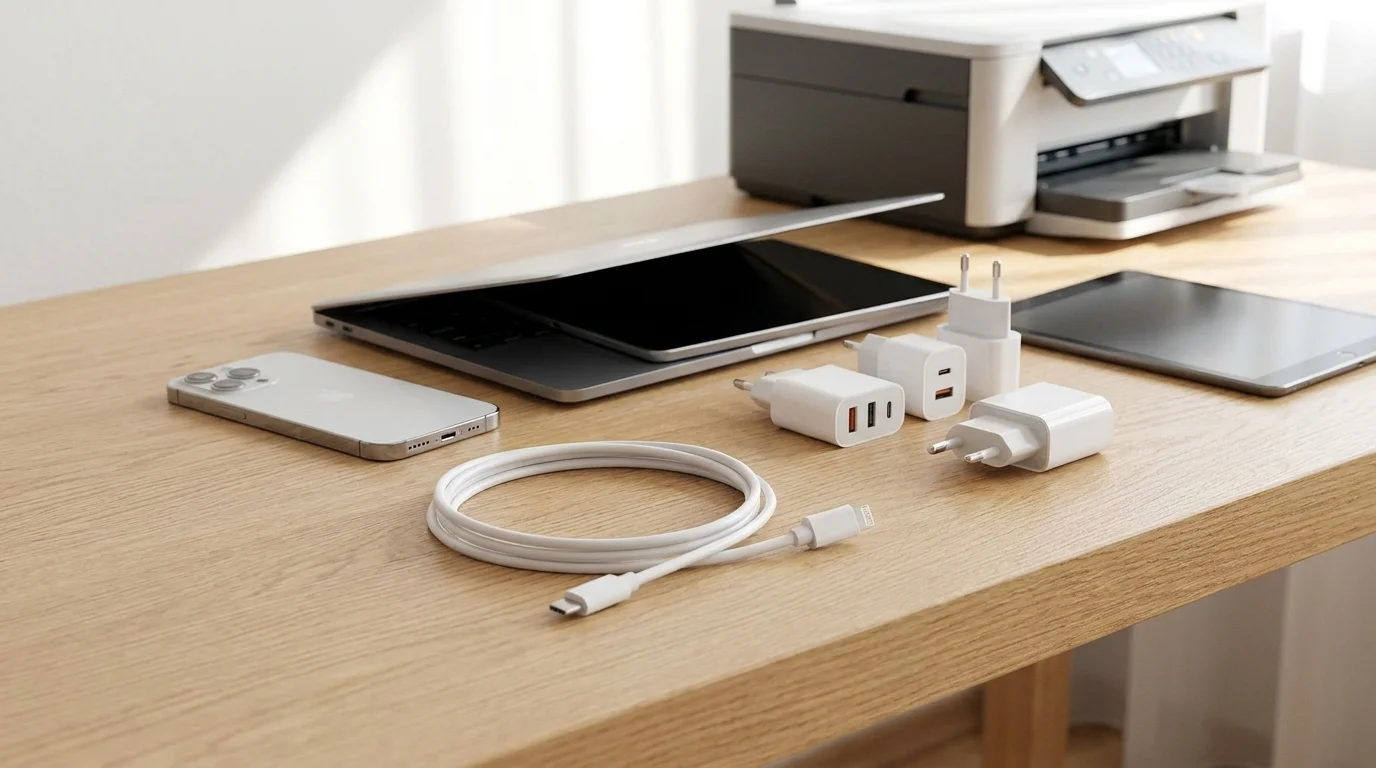 Biely kábel USB-C – Lightning Yenkee zvinutý na pracovnom stole vedľa telefónu, notebooku, tabletu a nabíjačiek.