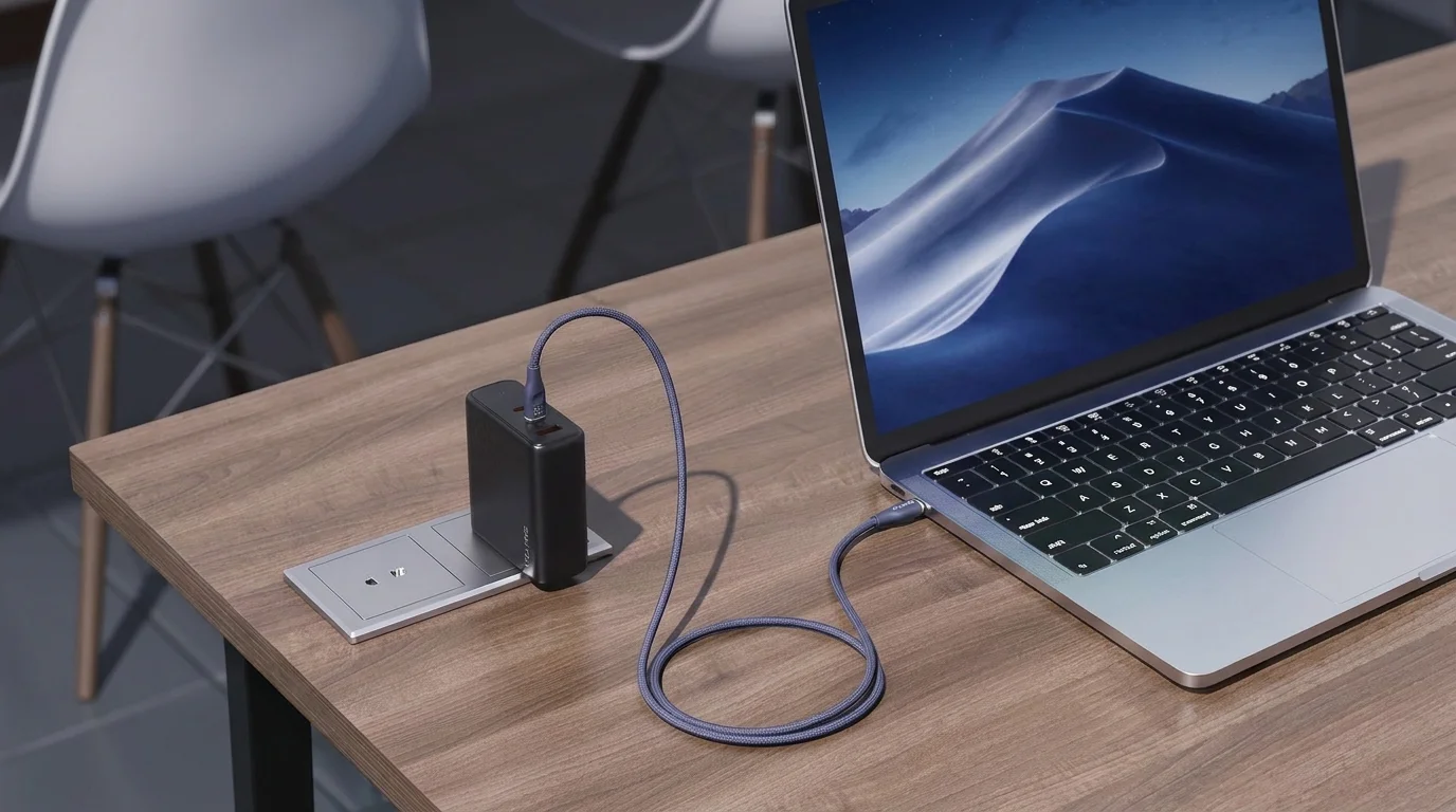 Modrý opletený USB-C kabel Voltme propojuje nabíjecí adaptér zapojený ve stole s otevřeným notebookem.