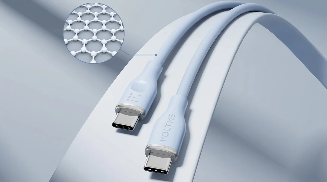 Světle modrý USB-C kabel Voltme s oběma konektory a detailem hexagonální struktury materiálu.