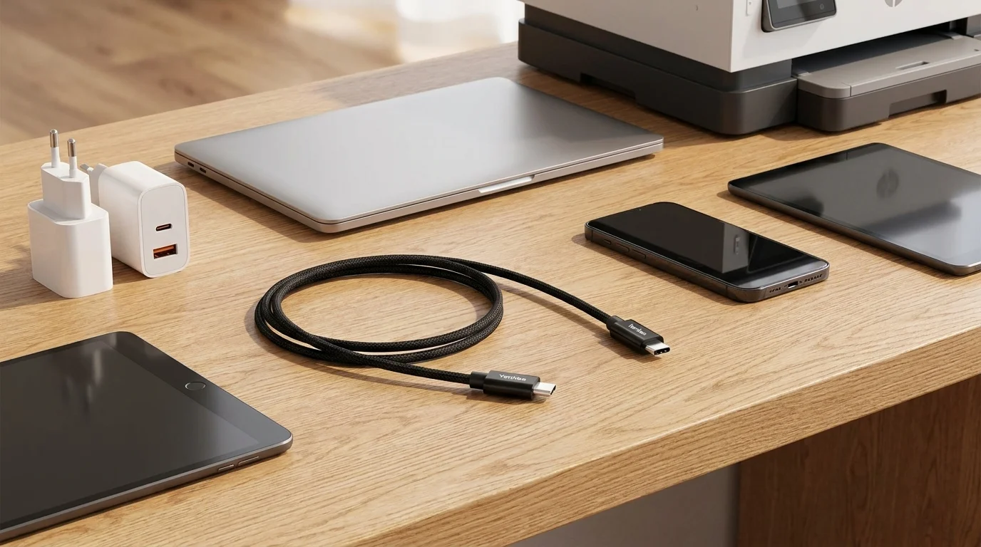 Čierny opletený USB-C kábel Yenkee položený na drevenom stole vedľa notebooku, smartfónu, tabletov a nabíjacích adaptérov.