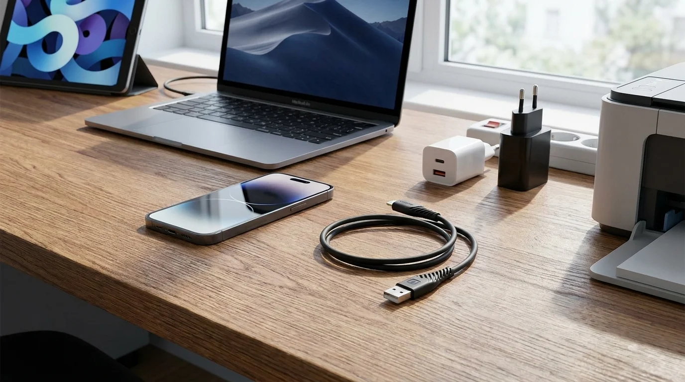 Černý datový kabel Swissten USB-A/Lightning položený na dřevěném stole vedle mobilního telefonu a notebooku.
