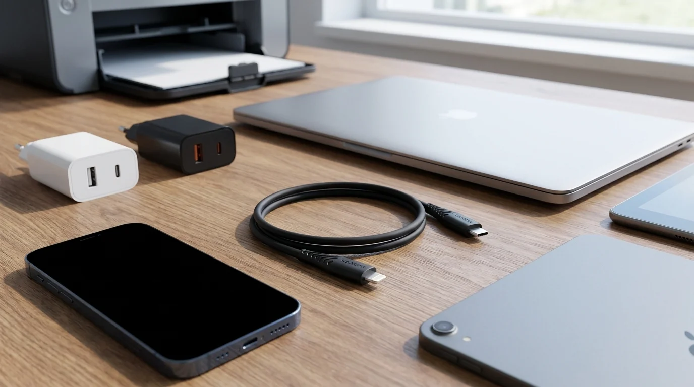 Černý datový kabel Swissten USB-C/Lightning svinutý na dřevěném stole mezi chytrým telefonem, tabletem, notebookem a adaptéry.