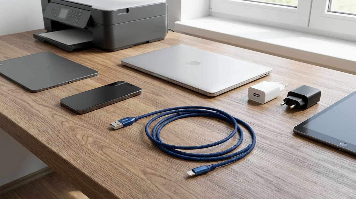 Modrý opletený kabel Yenkee USB-A na Lightning stočený na dřevěném stole vedle notebooku, telefonu a nabíjecích adaptérů.
