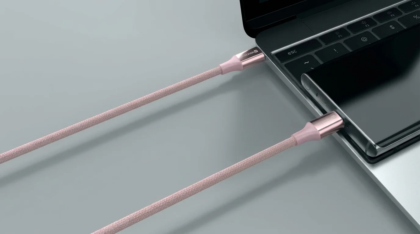 Růžový textilní USB-C kabel Swissten zapojený do notebooku a chytrého telefonu.