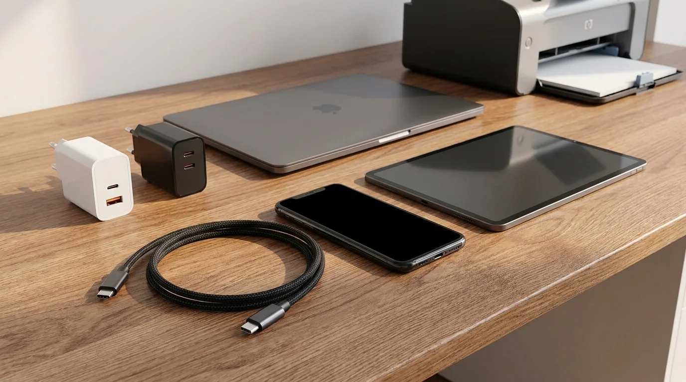 Čierny opletený USB-C kábel Yenkee na drevenom stole spolu so smartfónom, tabletom, notebookom a nabíjačkami.