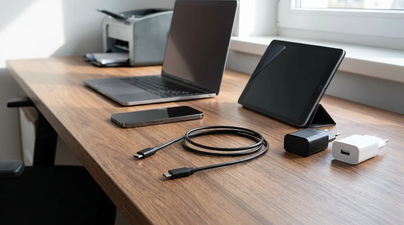 Čierny USB-C kábel Yenkee položený na drevenom stole vedľa nabíjacích adaptérov, smartfónu, tabletu a notebooku.