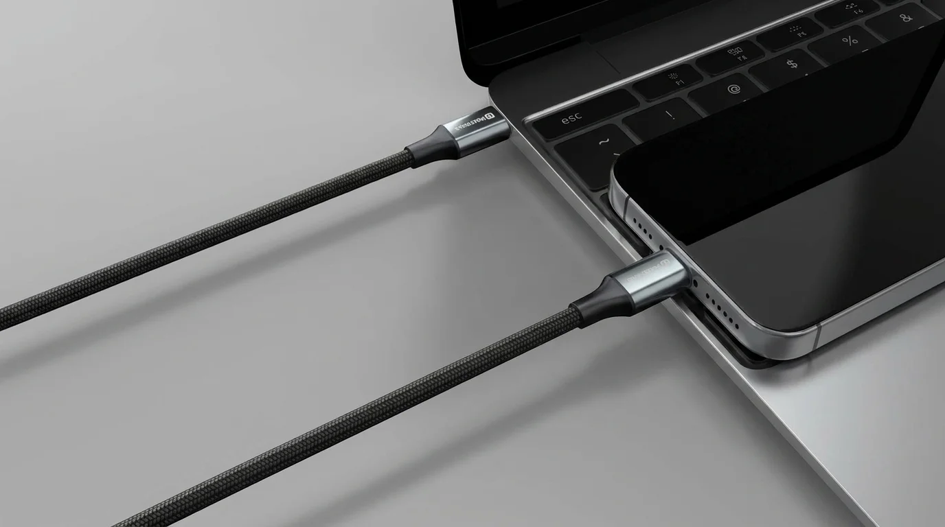Černý opletený kabel Swissten propojuje notebook se smartphonem položeným na klávesnici.