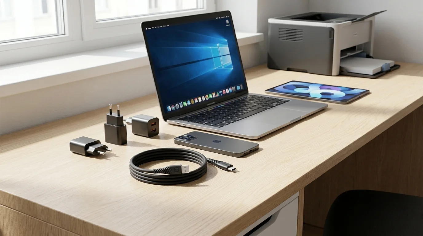 Černý datový kabel Swissten USB-A na USB-C položený na pracovním stole vedle mobilního telefonu, nabíječek a notebooku.