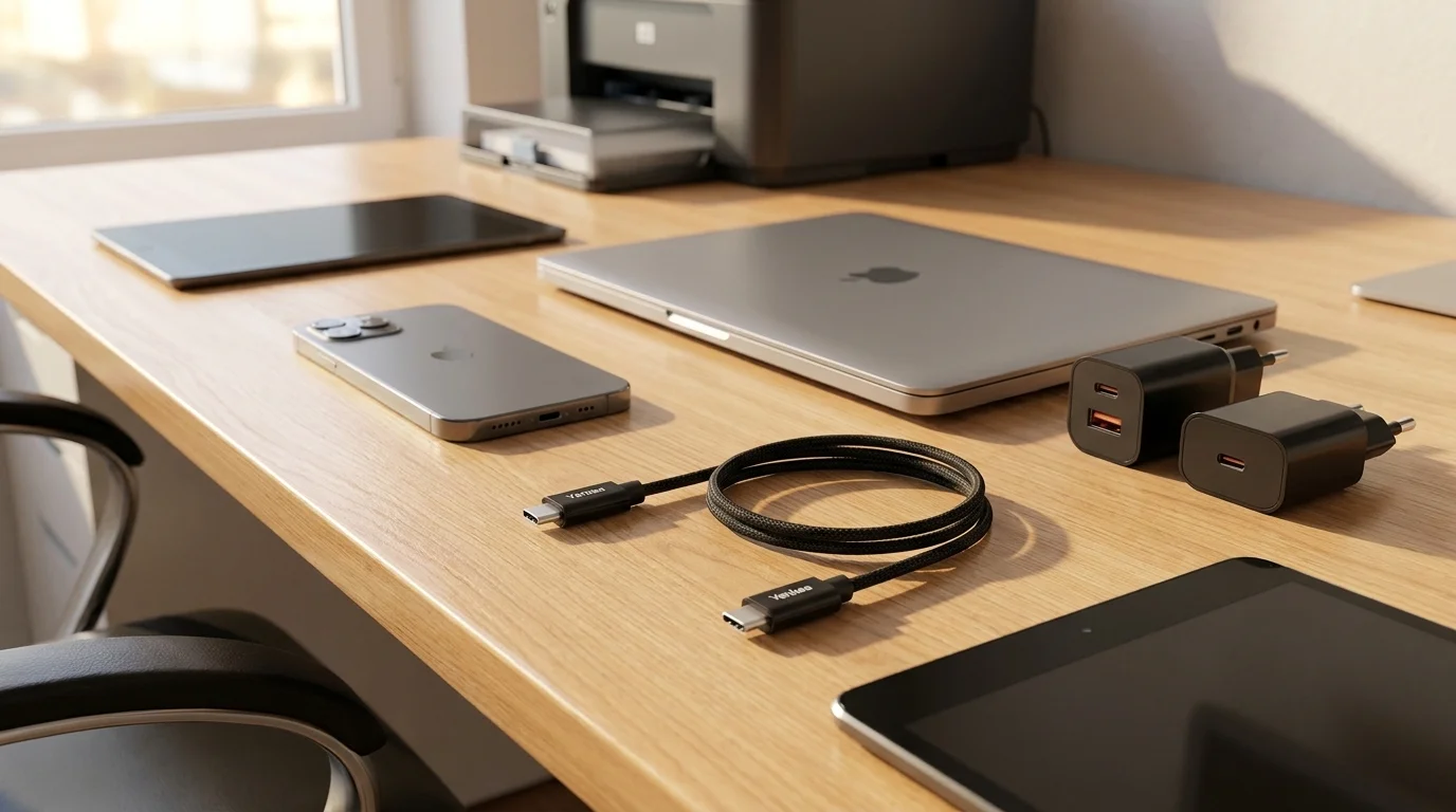 Čierny opletený USB-C kábel Yenkee na drevenom stole vedľa notebooku, smartfónu a nabíjacích adaptérov.