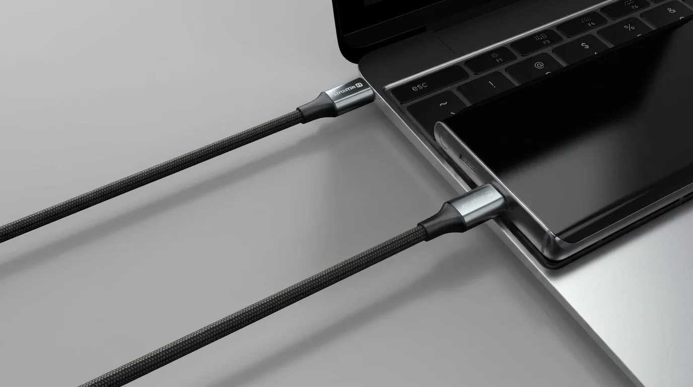 Černý opletený USB-C kabel Swissten zapojený do notebooku a chytrého telefonu.