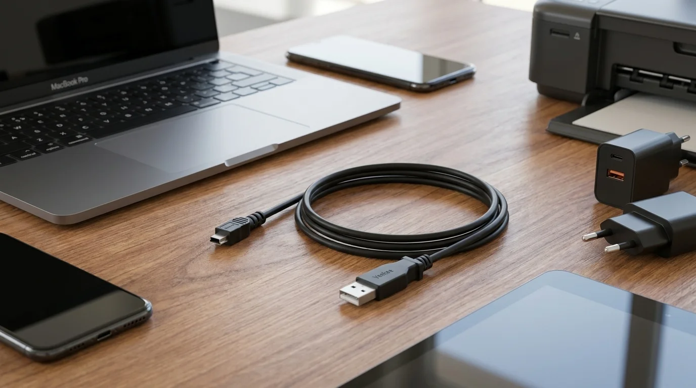 Černý kabel Yenkee YCU 010 BK s konektory USB-A a mini USB stočený na dřevěném stole vedle notebooku a další elektroniky.