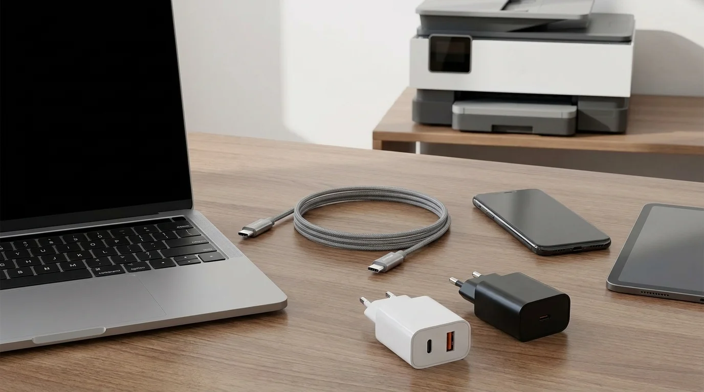 Sivý opletený USB-C kábel Yenkee stočený na pracovnom stole vedľa notebooku, nabíjačiek, smartfónu a tabletu.