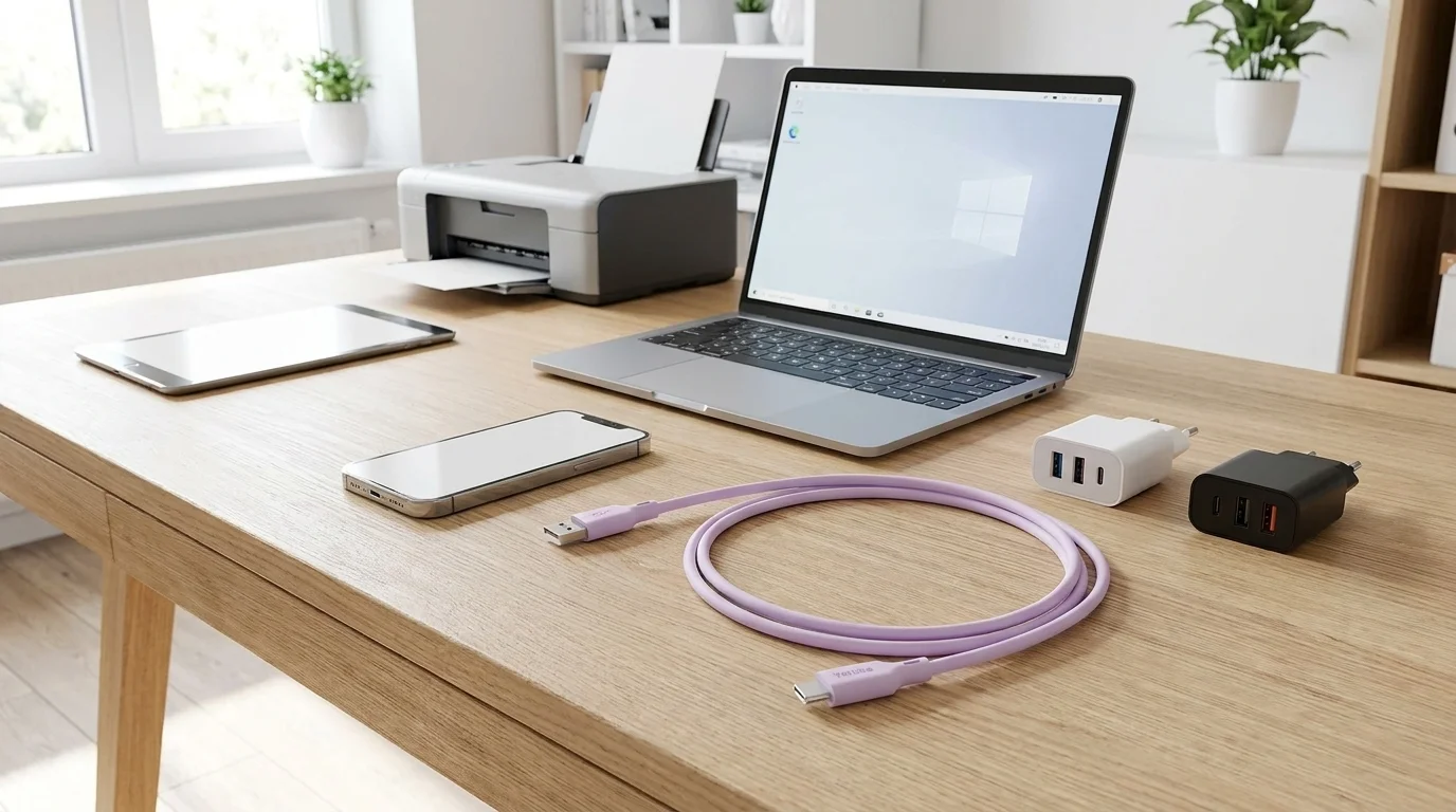 Fialový kabel Yenkee YCU 315 PE s konektory USB-A a USB-C na dřevěném stole vedle notebooku, telefonu a nabíjecích adaptérů.
