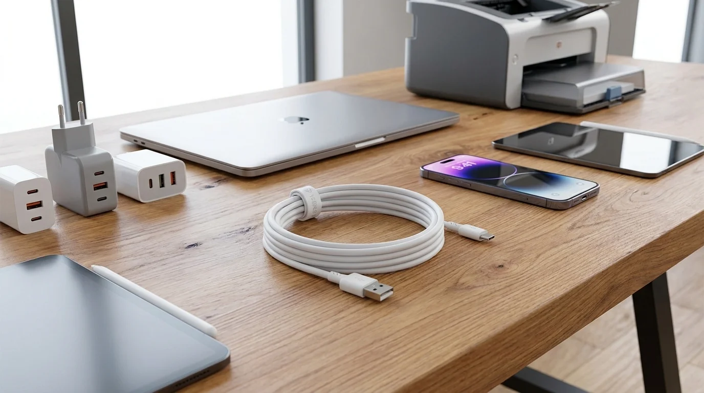 Bílý smotaný kabel Yenkee YCU 315 WH s konektory USB-A a USB-C sepnutý páskem na dřevěném stole vedle elektroniky.