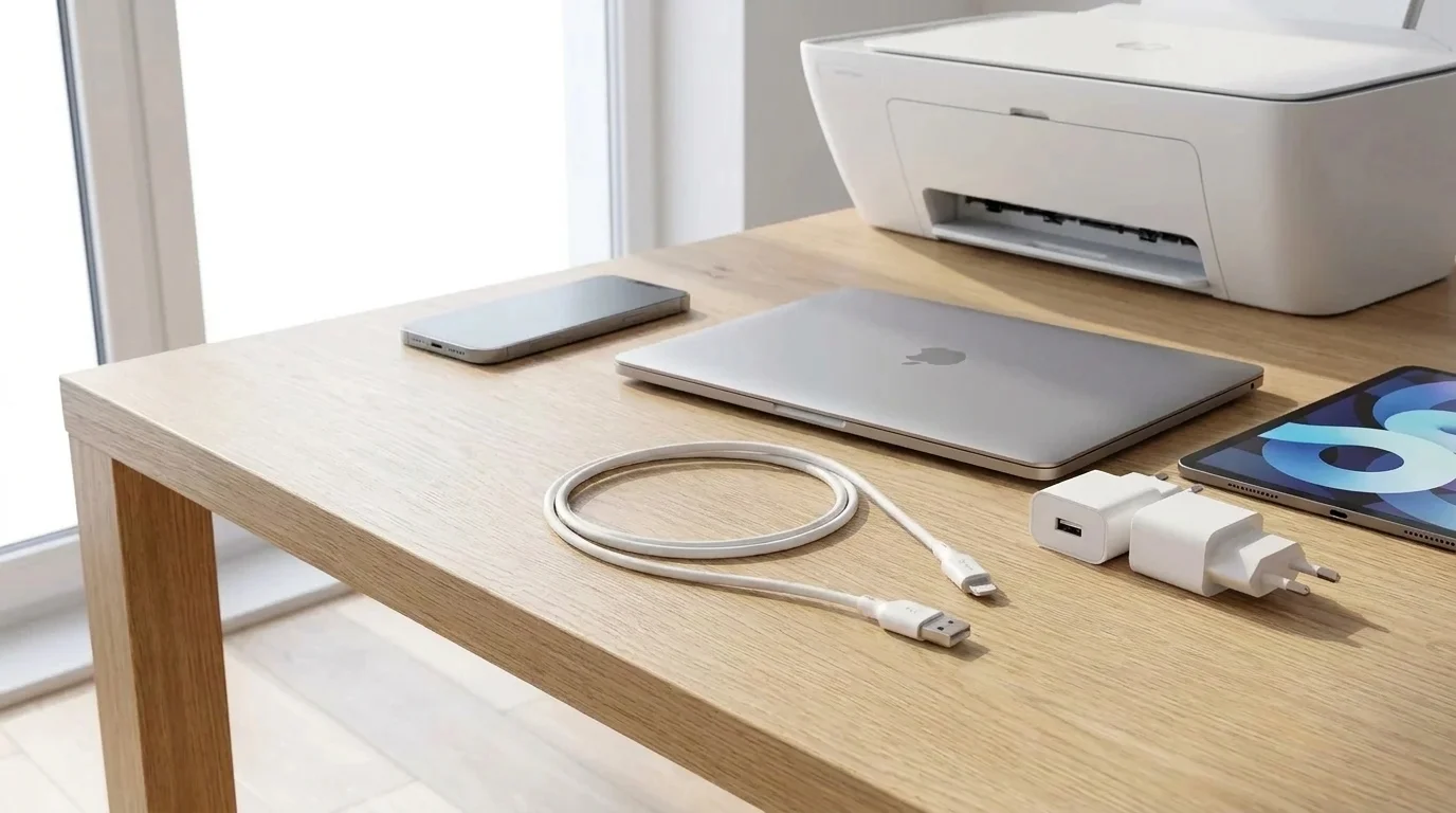Bílý kabel Yenkee YCU 615 WH SILIC na dřevěném stole vedle notebooku, telefonu, tabletu a nabíjecích adaptérů.