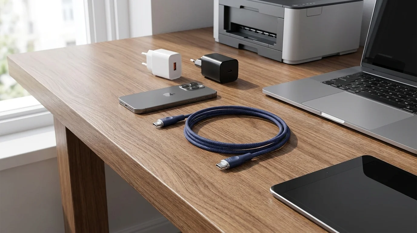 Modrý opletený USB-C kabel Voltme Powerlink Rugg stočený na dřevěném stole vedle telefonu, nabíječek a notebooku.