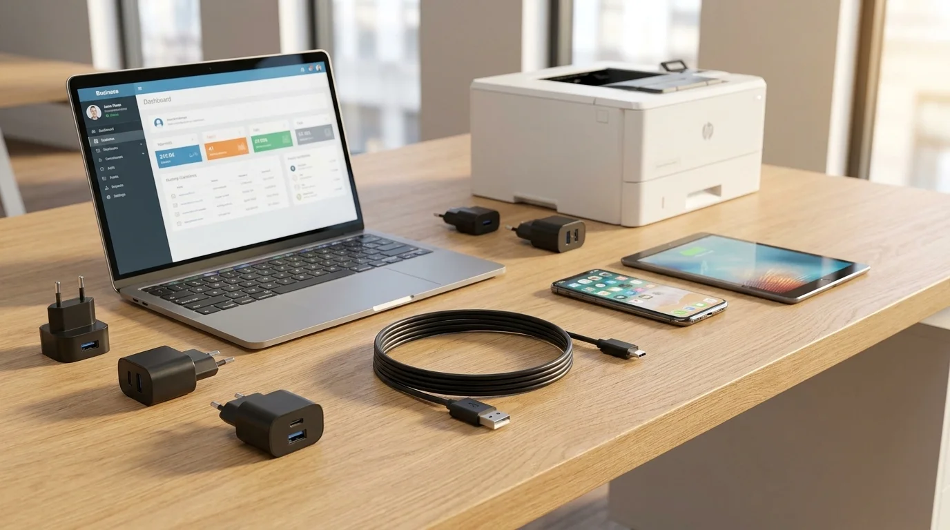 Čierny kábel USB-A na USB-C Yenkee položený na stole vedľa nabíjacích adaptérov, notebooku, smartfónu a tabletu.