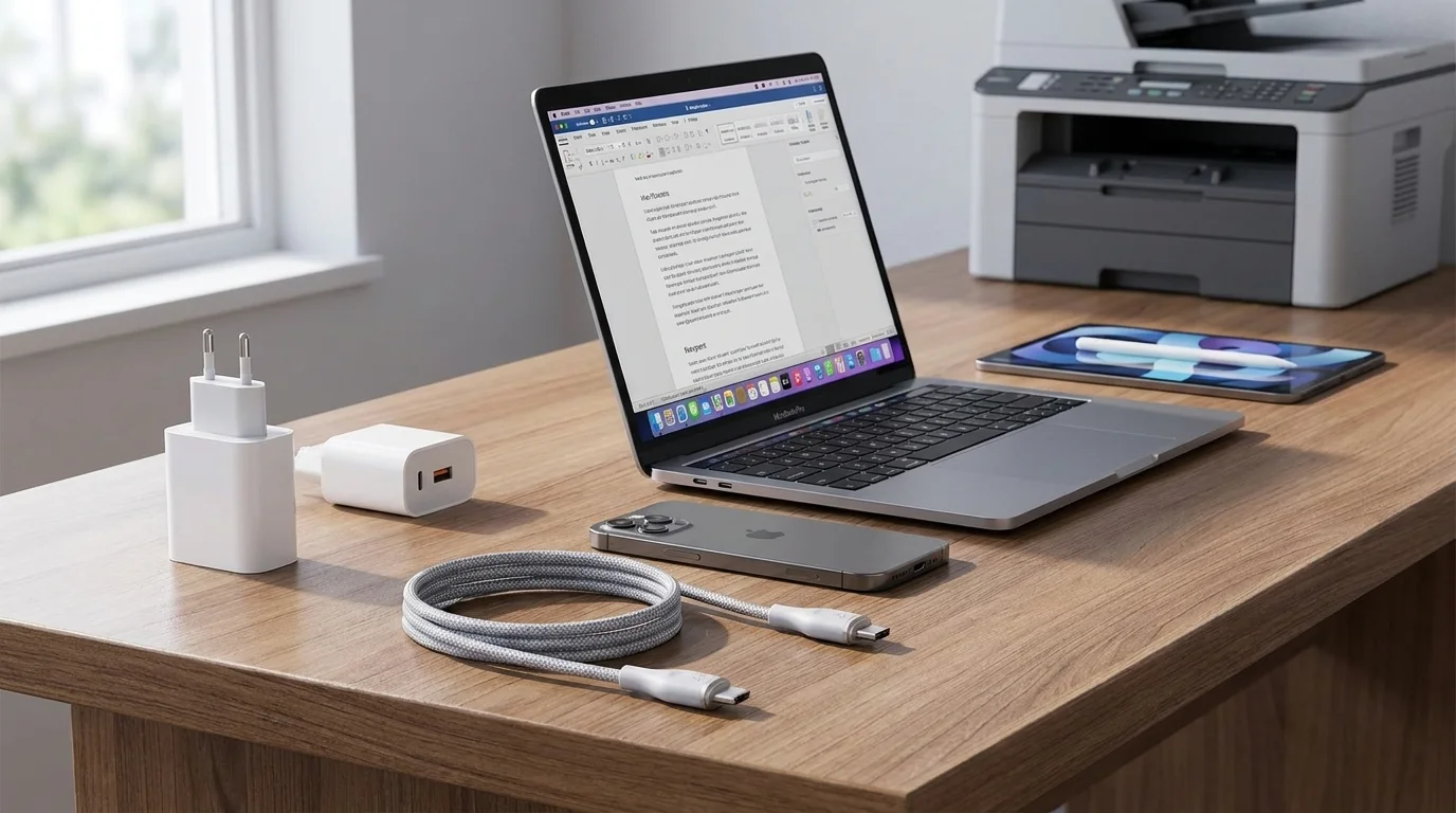 Šedý opletený USB-C kabel Voltme Powerlink Rugg stočený na stole vedle smartphonu, notebooku a nabíjecích adaptérů.