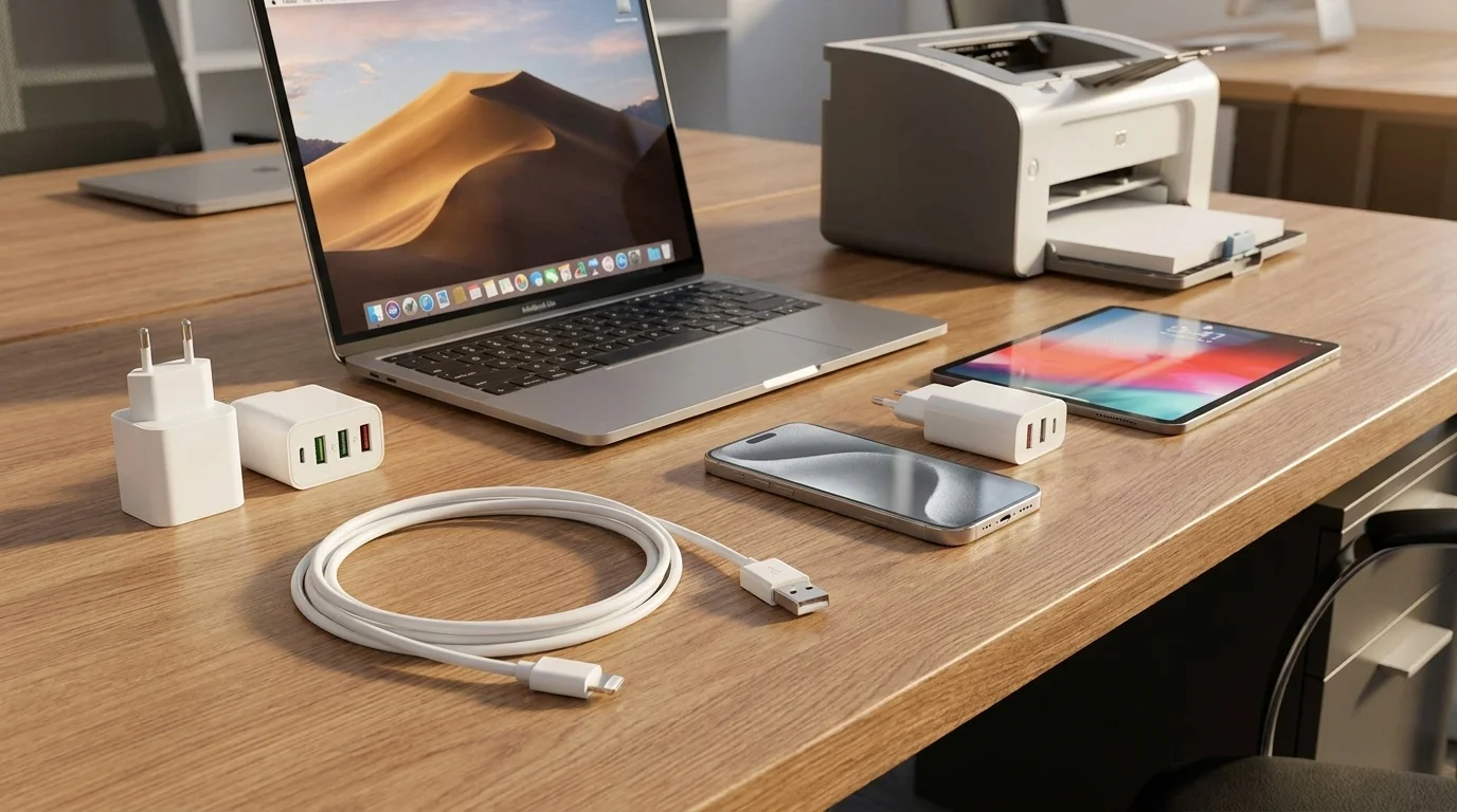 Bílý datový kabel Yenkee YCU SE 625 WH s konektory USB-A a Lightning stočený na dřevěném stole vedle notebooku a telefonu.