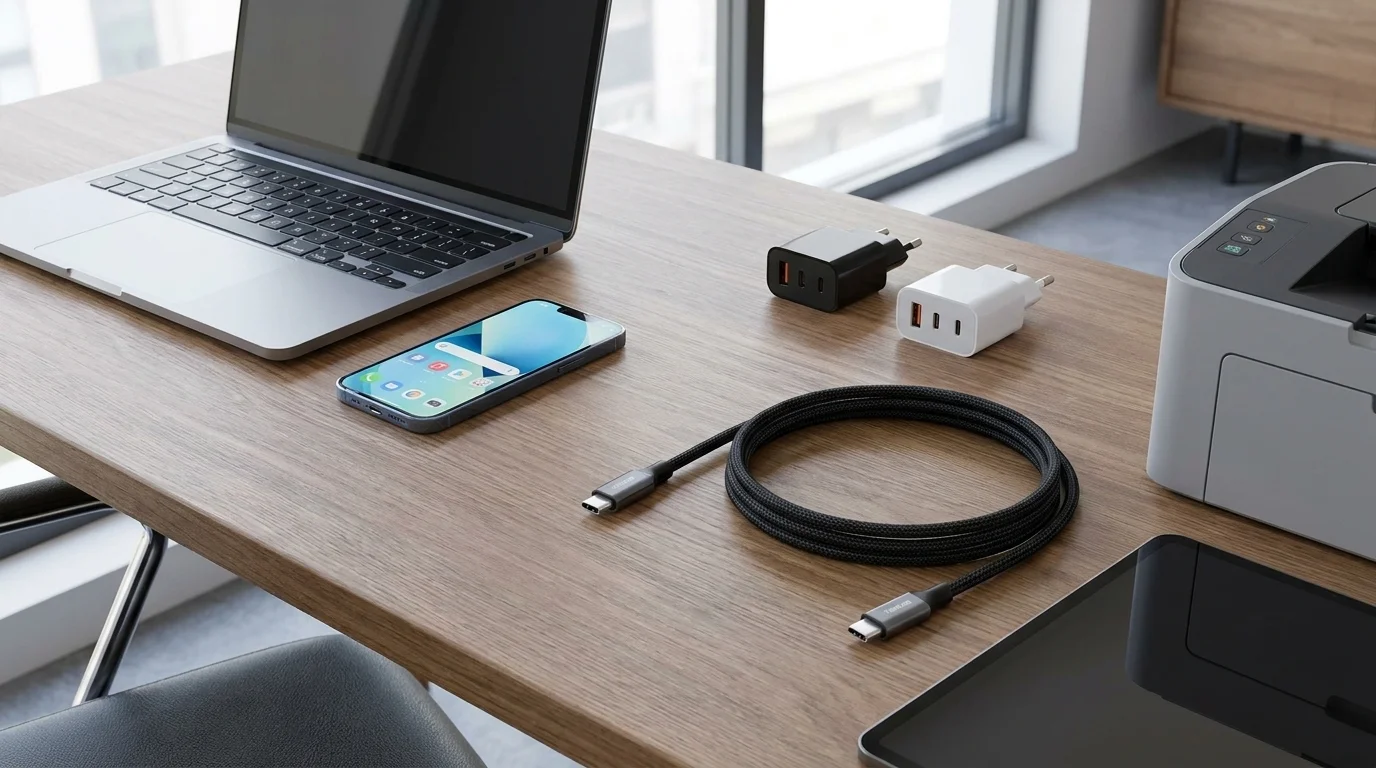 Čierny opletený USB-C kábel Yenkee YCU 323 BK zvinutý na drevenom stole vedľa notebooku, smartfónu a nabíjacích adaptérov.