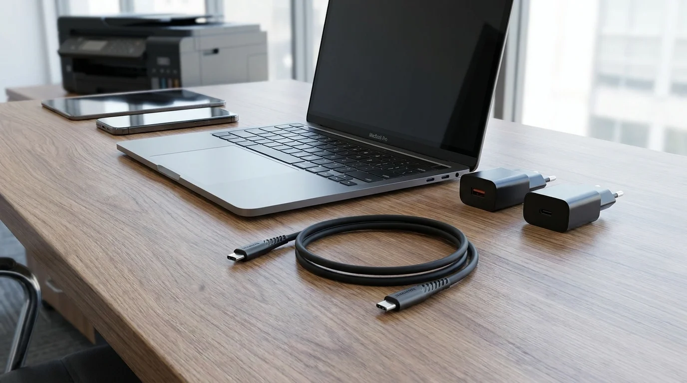 Černý datový kabel Swissten USB-C na USB-C stočený na stole vedle notebooku a nabíjecích adaptérů.
