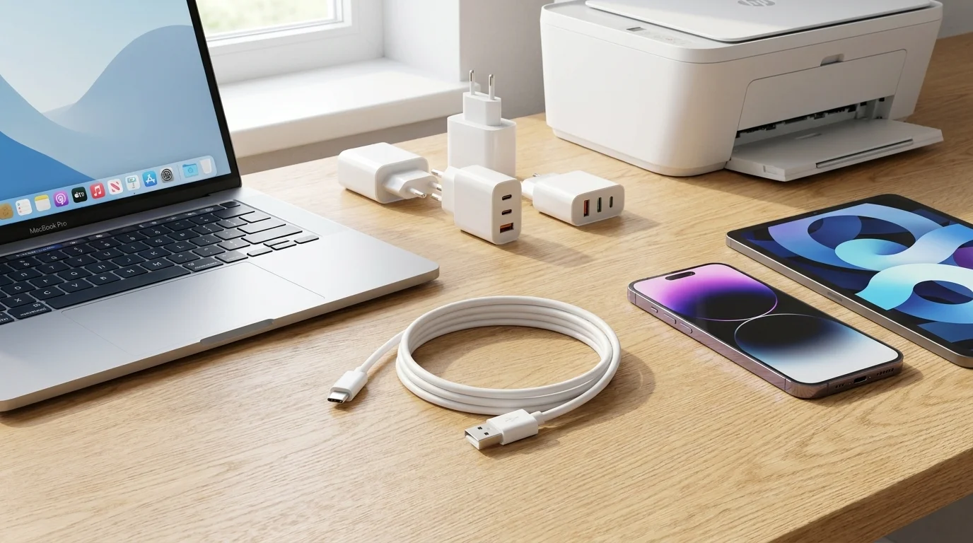 Biely kábel Yenkee USB-A na USB-C zvinutý na drevenom stole vedľa notebooku, smartfónu a nabíjacích adaptérov.
