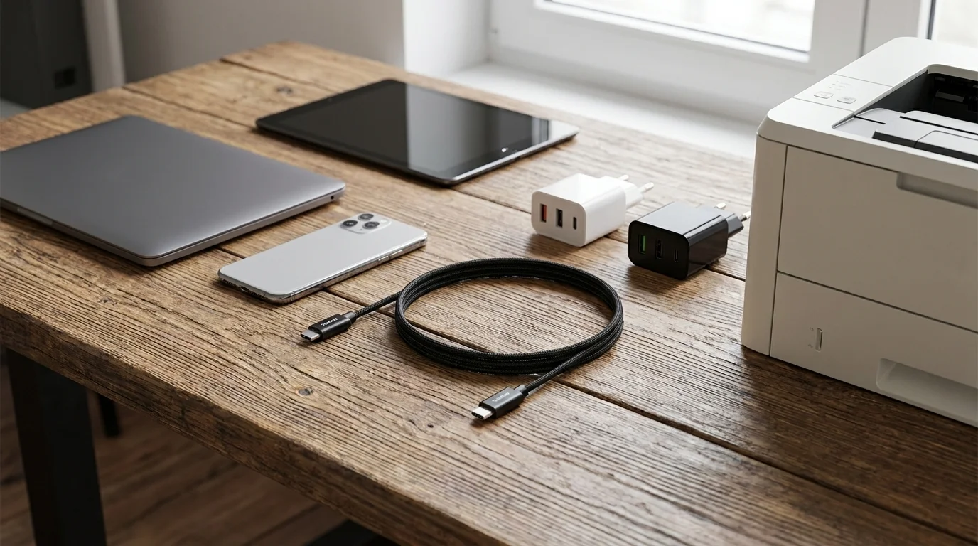 Čierny USB-C kábel Yenkee YCU C103 BK zvinutý na drevenom stole vedľa mobilného telefónu, notebooku a adaptérov.