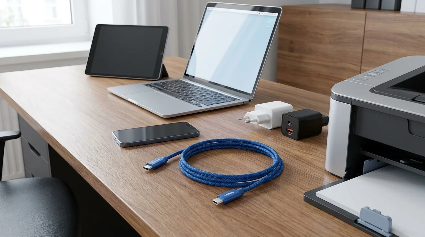 Modrý opletený USB-C kábel Yenkee zvinutý na drevenom stole vedľa notebooku, smartfónu a nabíjacích adaptérov.