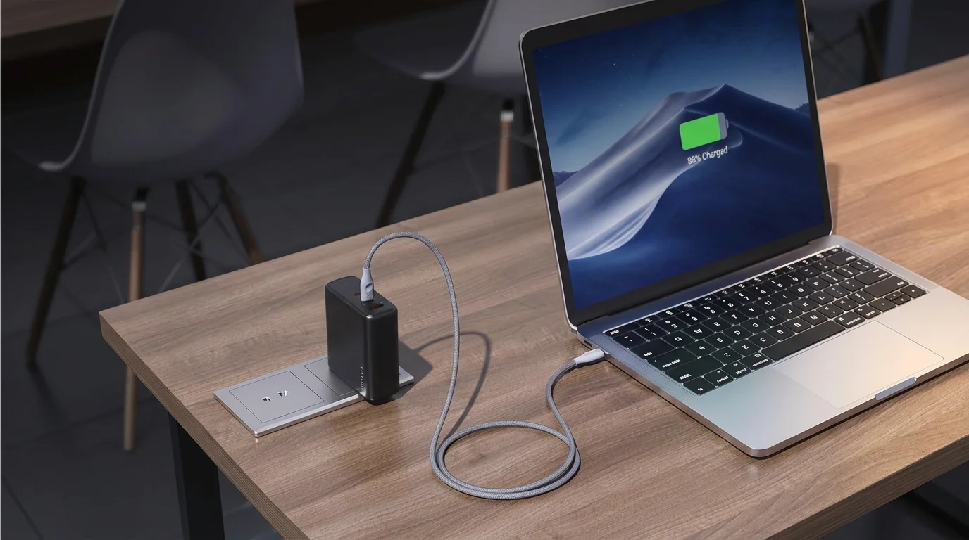 Šedý opletený kabel Voltme Powerlink propojuje nabíjecí adaptér v zásuvce s otevřeným notebookem na dřevěném stole.