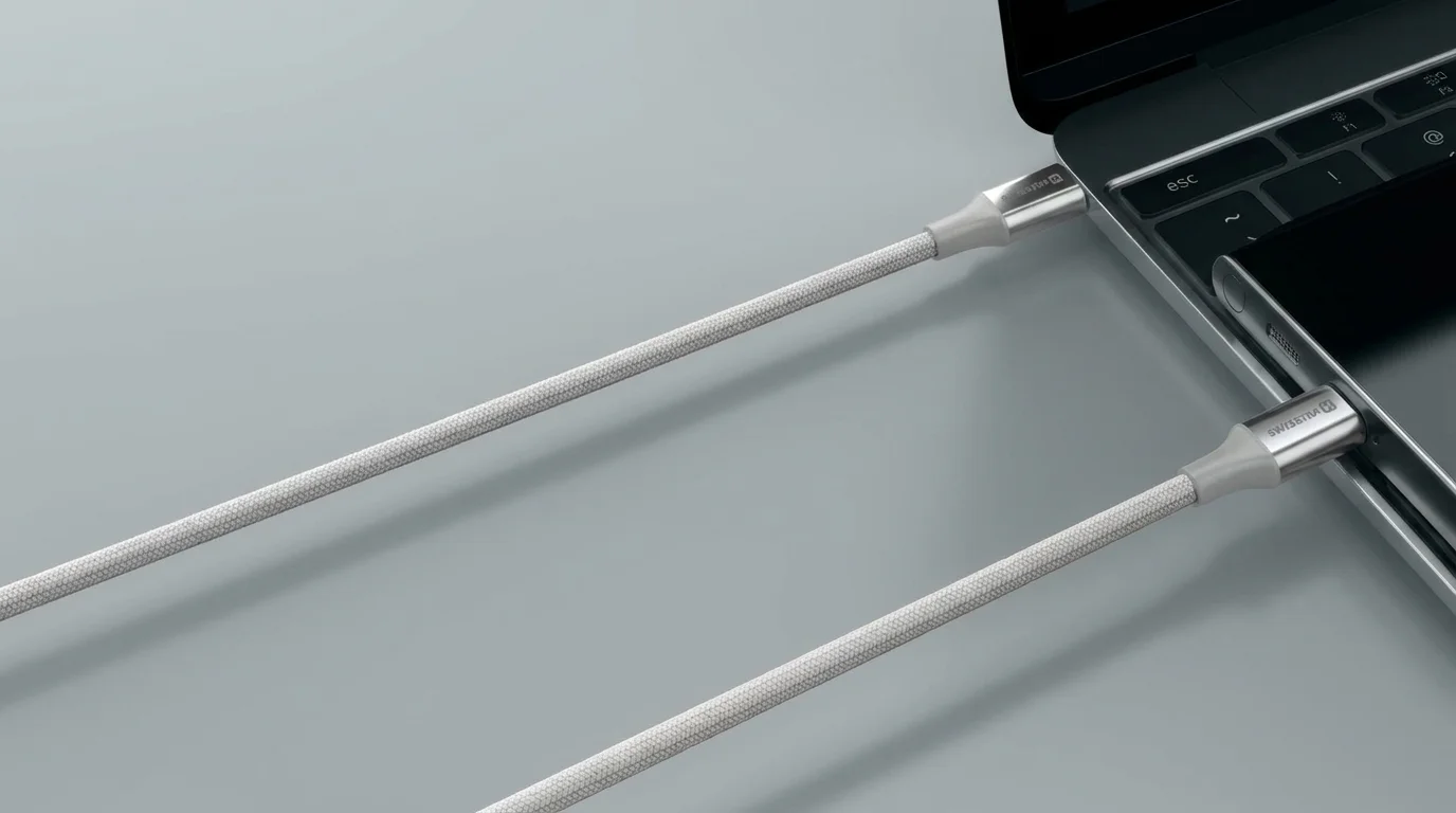 Bílé textilně opletené USB-C kabely Swissten zapojené do bočních portů notebooku.