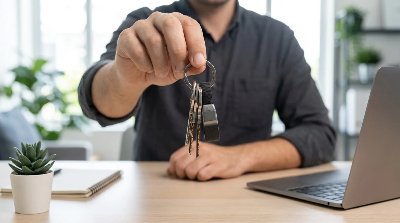 Muž sedící u stolu s notebookem drží svazek klíčů s připnutým kabelem Swissten Keychain.
