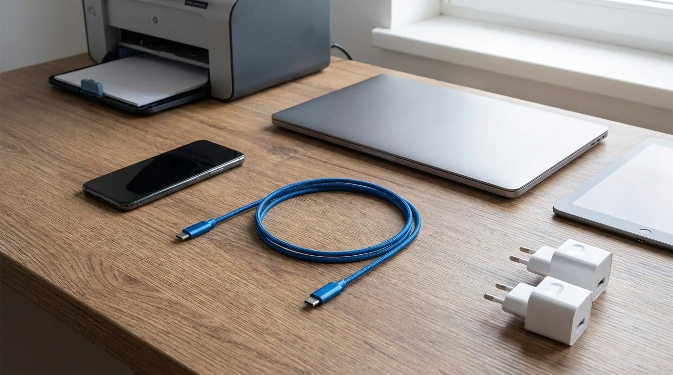 Modrý opletený USB-C kábel Yenkee YCU C101 BE zvinutý na drevenom stole vedľa notebooku, smartfónu, tabletu a nabíjacích adaptérov.