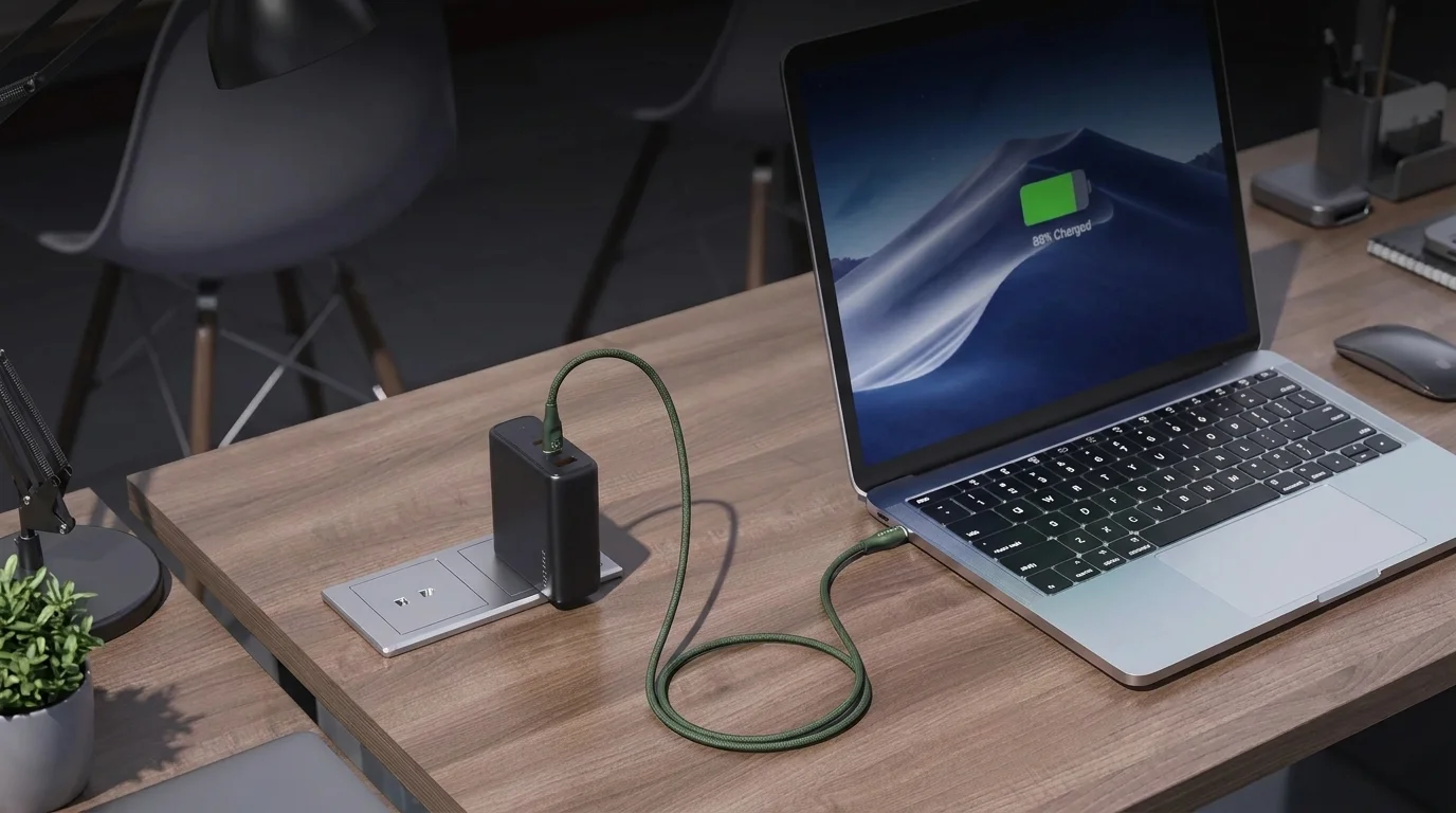 Zelený opletený USB-C kabel Voltme Powerlink Rugg propojuje nabíjecí adaptér na stole s otevřeným notebookem.